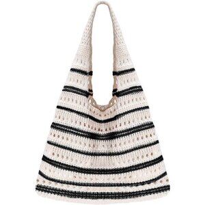Crochet Tote Bag, Mesh Beach Bag Beige Black